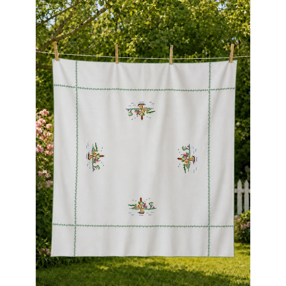Vintage Hand Embroidered Pagoda Cross Stitch Tablecloth White Green 50x50